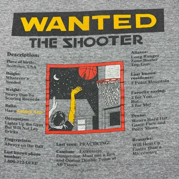 VTG 80s WANTED: The Shooter Basketball Russell Thin Single Stitch t-shirt BOXY L - Picture 3 of 11